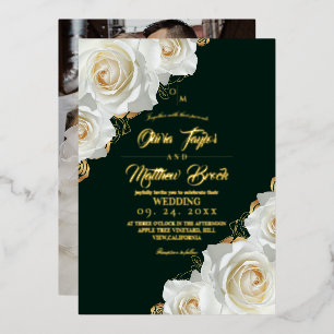 Smaragdgrüne und goldene Rosen Florale Hochzeit Folieneinladung