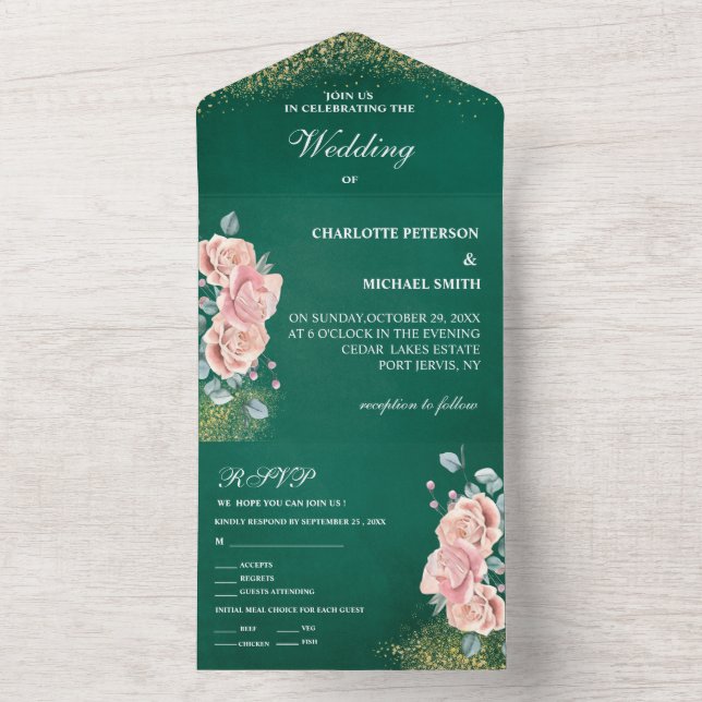 Smaragdgrüne und rot-rosa Blumenhochzeit All In One Einladung (Innen Boden)