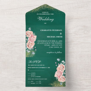 Smaragdgrüne und rot-rosa Blumenhochzeit All In One Einladung