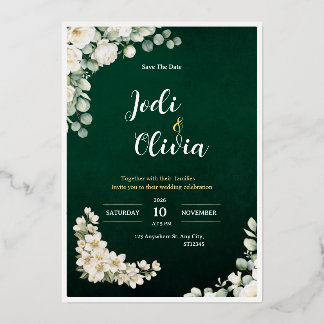 Smaragdgrüne und weiße florale Hochzeitseinladung Folieneinladung