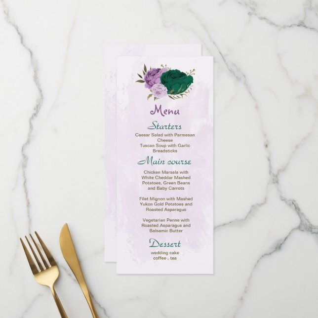 smaragdgrüne violette Blumen botanische Hochzeit Menükarte (Vorderseite/Rückseite Beispiel)