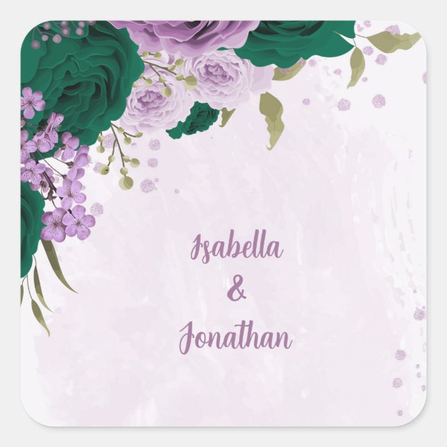 Smaragdgrüne, violette Blumen Hochzeit Quadratischer Aufkleber (Vorderseite)