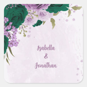 Smaragdgrüne, violette Blumen Hochzeit Quadratischer Aufkleber