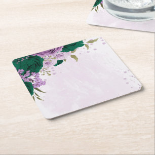 Smaragdgrüne, violette Blumen Hochzeit Rechteckiger Pappuntersetzer