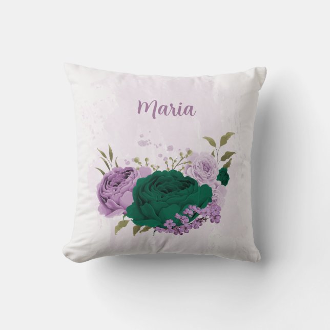 Smaragdgrüne violette Blumen Kissen (Vorderseite)