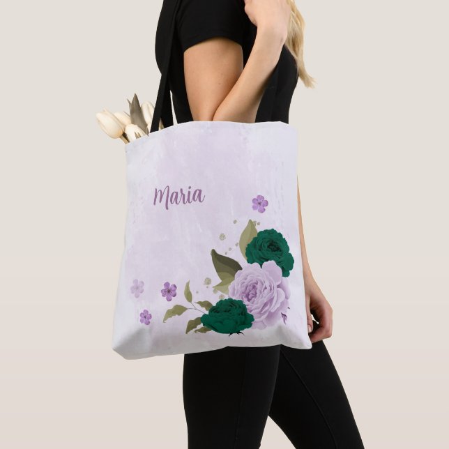 Smaragdgrüne violette Blumen Tasche (Von Nahem)