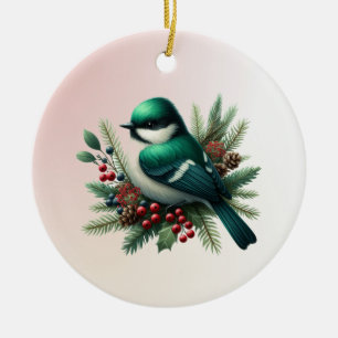 Smaragdgrüne Vögel und Zweige Keramik Ornament