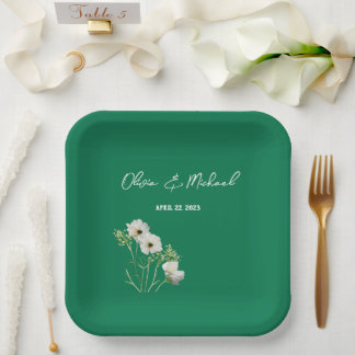Smaragdgrüne Weiße Blume Hochzeitspapier-Teller Pappteller