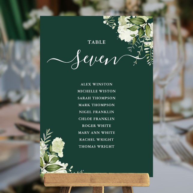 Smaragdgrüner Blumen-Sitzplan-Tischnummer Einladung (Emerald Green Floral Seating Plan Table Number)