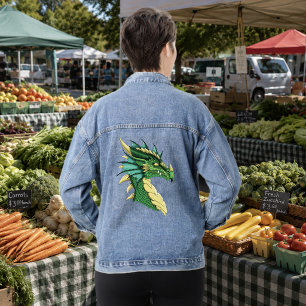 Smaragdgrüner Drachenporträtkopf Fantasy Jeansjacke