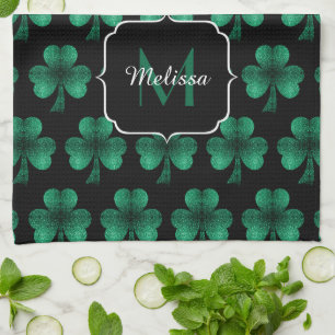 Smaragdgrüner Glanz Shamrock schwarzes Monogramm Geschirrtuch