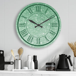 Smaragdgrüner Glitter-Römische-Ziffer-Funkeln-Mädc Große Wanduhr