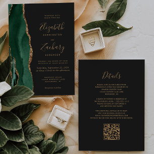 Smaragdgrüner Goldachat-Schiefer QR-Code Hochzeit Einladung