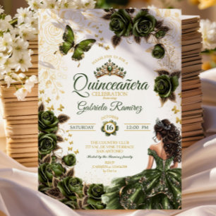 Smaragdgrüner goldener Tiara-Blumen-Quinceañera Einladung