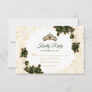 Smaragdgrüner goldener Tiara-Blumen-Rosen-Quinceañ RSVP Karte