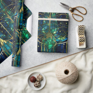 Smaragdgrüner Himmlischer Baum Buntglas Muster Geschenkpapier