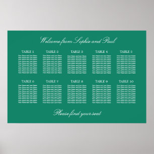 Smaragdgrüner Hochzeitssitzplan Poster für 10 Tisc