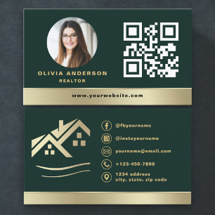 Smaragdgrüner QR-Code Gold Haus Immobilien Visitenkarte