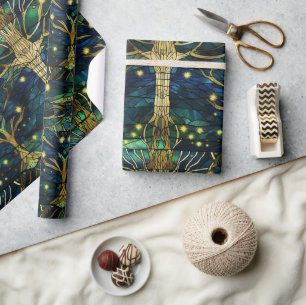 Smaragdgrüner Wald Faux-Buntglas-Muster Geschenkpapier