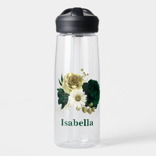 Smaragdgrünes Elfenbeingold-Blume-Monogramm Trinkflasche
