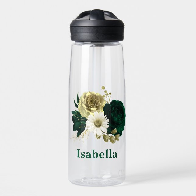 Smaragdgrünes Elfenbeingold-Blume-Monogramm Trinkflasche (Vorne)