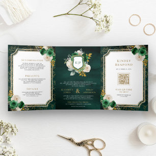 Smaragdgrünes Gold Blumen All-in-One-Crest-Hochzei Dreifach Gefaltete Einladung