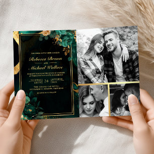 Smaragdgrünes Gold Blumenmarmor QR-Code Hochzeit Einladung