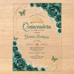 Smaragdgrünes Gold Floral Quinceanera 01 Acryleinladungen