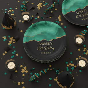 Smaragdgrünes Gold-Glitter-Wasserfarbmarmor Pappteller