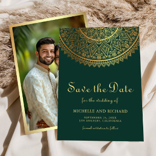Smaragdgrünes Gold Mandala Indische Hochzeitsfotos Save The Date