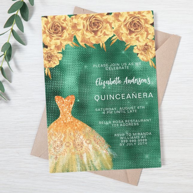 Smaragdgrünes goldenes Kleid florale Quinceanera Einladung (Von Creator hochgeladen)