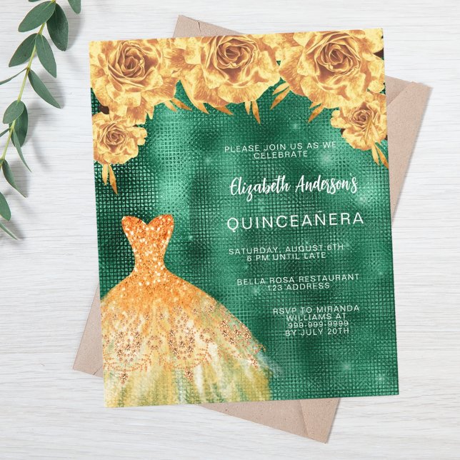 Smaragdgrünes Goldkleid Blumenbudget Quinceanera (Von Creator hochgeladen)