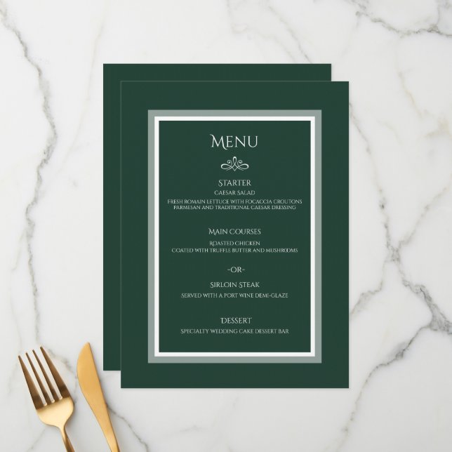 Smaragdgrünes Hochzeitsmenü Menükarte (Vorderseite/Rückseite Beispiel)
