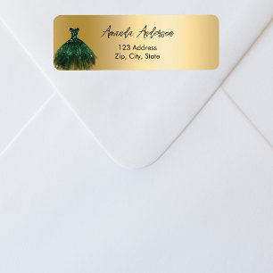 Smaragdgrünes Kleid goldenes Rücksendeetikett