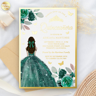 Smaragdgrünes Kleid Schmetterling Quinceanera Gold Folieneinladung
