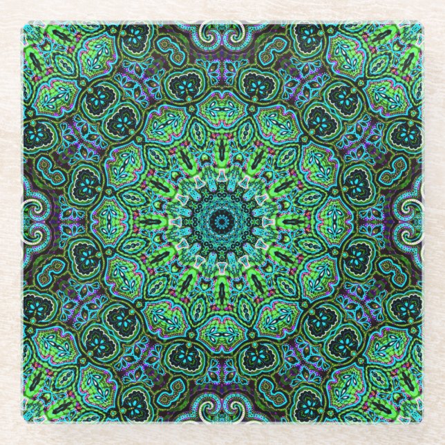 Smaragdgrünes Mandala-Design Glasuntersetzer (Vorderseite)