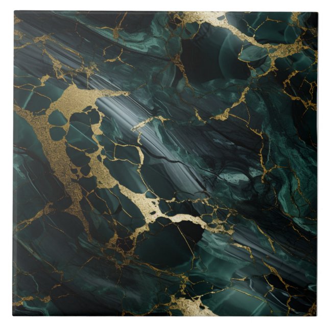 Smaragdmarmor, dunkle Aquamarine, Golddetails Fliese (Vorderseite)