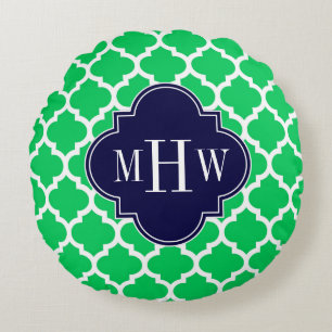 Smaragdweiß Marokkanisch #5 Navy 3 Anfangsmonogram Rundes Kissen