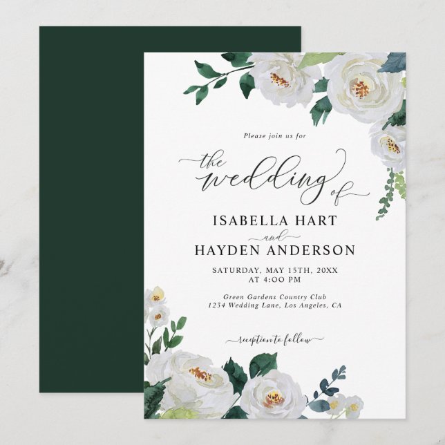 Smaragdweiße Elegant Blumenwasser Hochzeit Einladung (Vorne/Hinten)