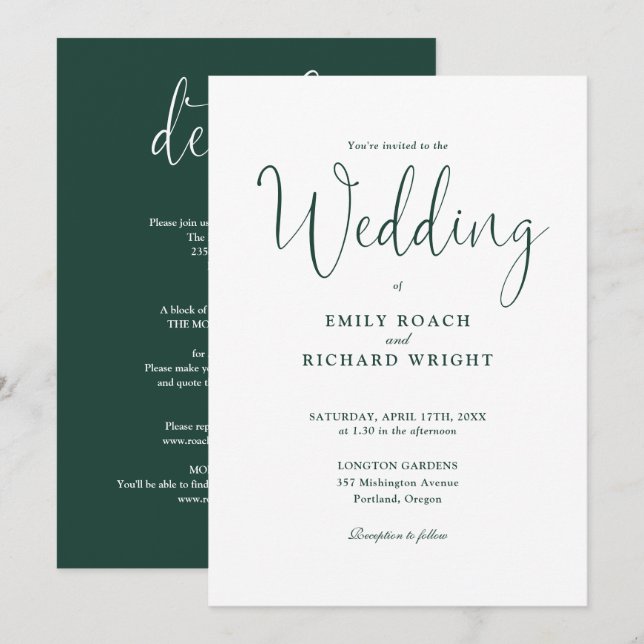Smarald Green All in one elegante Script Wedding Einladung (Vorne/Hinten)