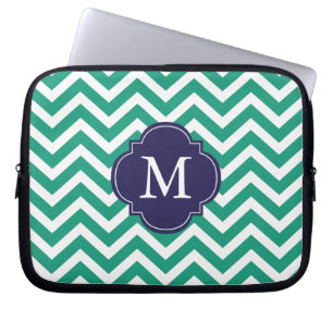 Smarald Green & Blue Zigzags-Muster Monogram Laptopschutzhülle