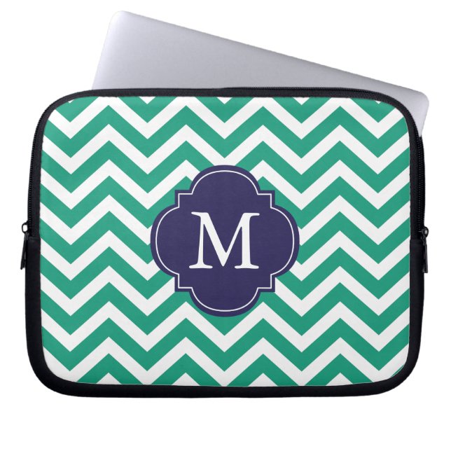Smarald Green & Blue Zigzags-Muster Monogram Laptopschutzhülle (Vorderseite)