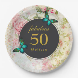 Smarald Green Butterfliegen auf Shabby Pattern Pappteller