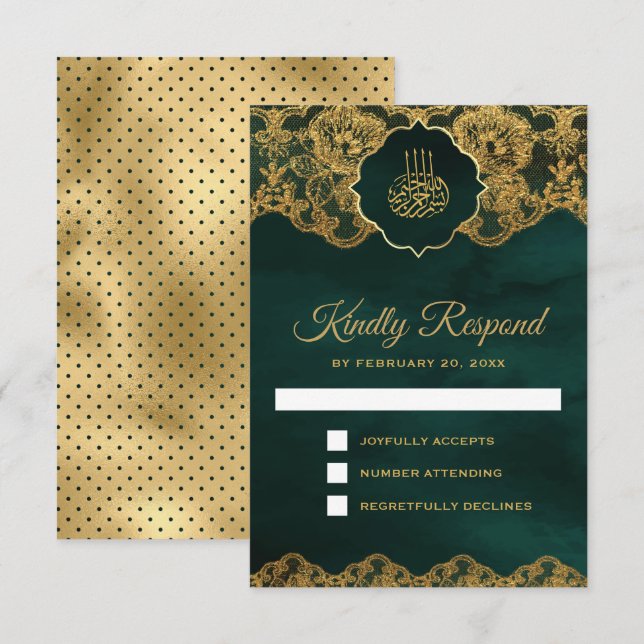 Smarald Green Gold Foil Lace Islamische Hochzeit RSVP Karte (Vorne/Hinten)