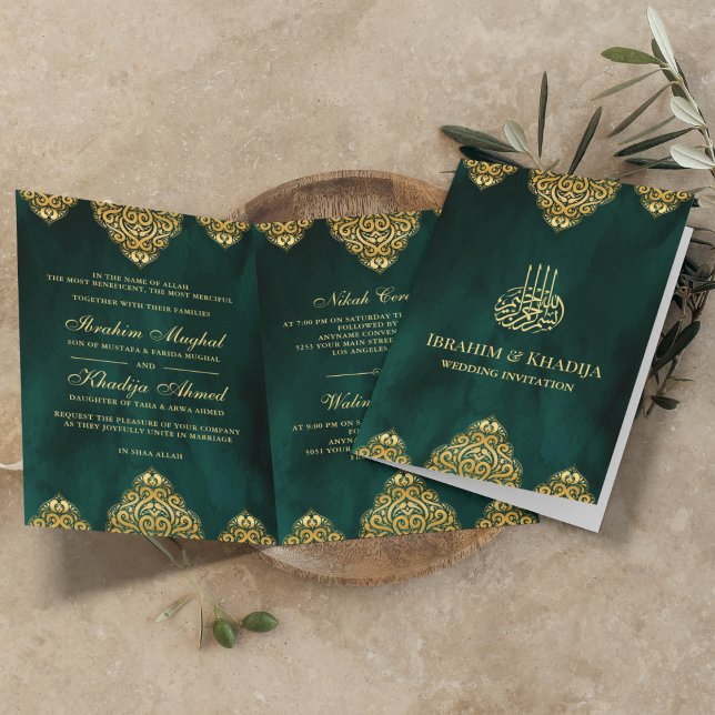 Smarald Green Gold Islamische Motif-Hochzeit Einladung (Von Creator hochgeladen)