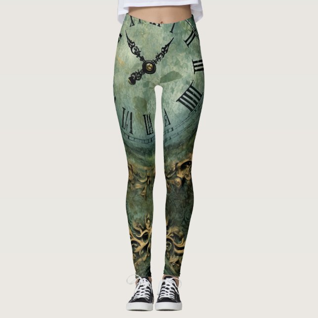 Smarald Green Rustic Steampunk Clock (1) Leggings (Vorderseite)