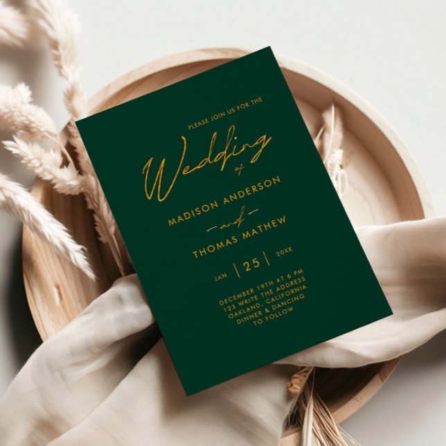 Smarald Green und Gold Moderne Typografie Hochzeit Einladung (Von Creator hochgeladen)