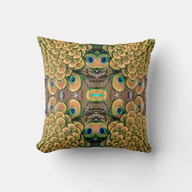 Smarald Green und Gold Peacock Feathers Kissen (Vorderseite)