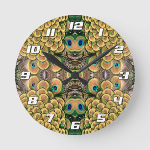 Smarald Green und Gold Peacock Feathers Numbers Runde Wanduhr
