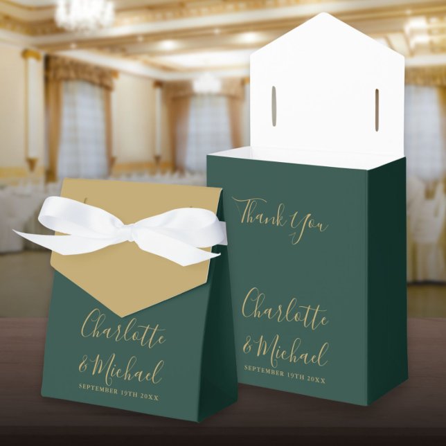 Smarald Green und Gold Script Elegante Hochzeit Geschenkschachtel (Emerald Green And Gold Script Elegant Wedding Favor Box)